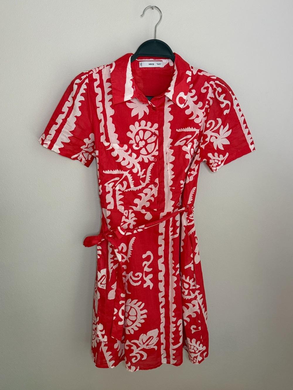 Mango Red and White Printed Tie-Waist Shirt Dress